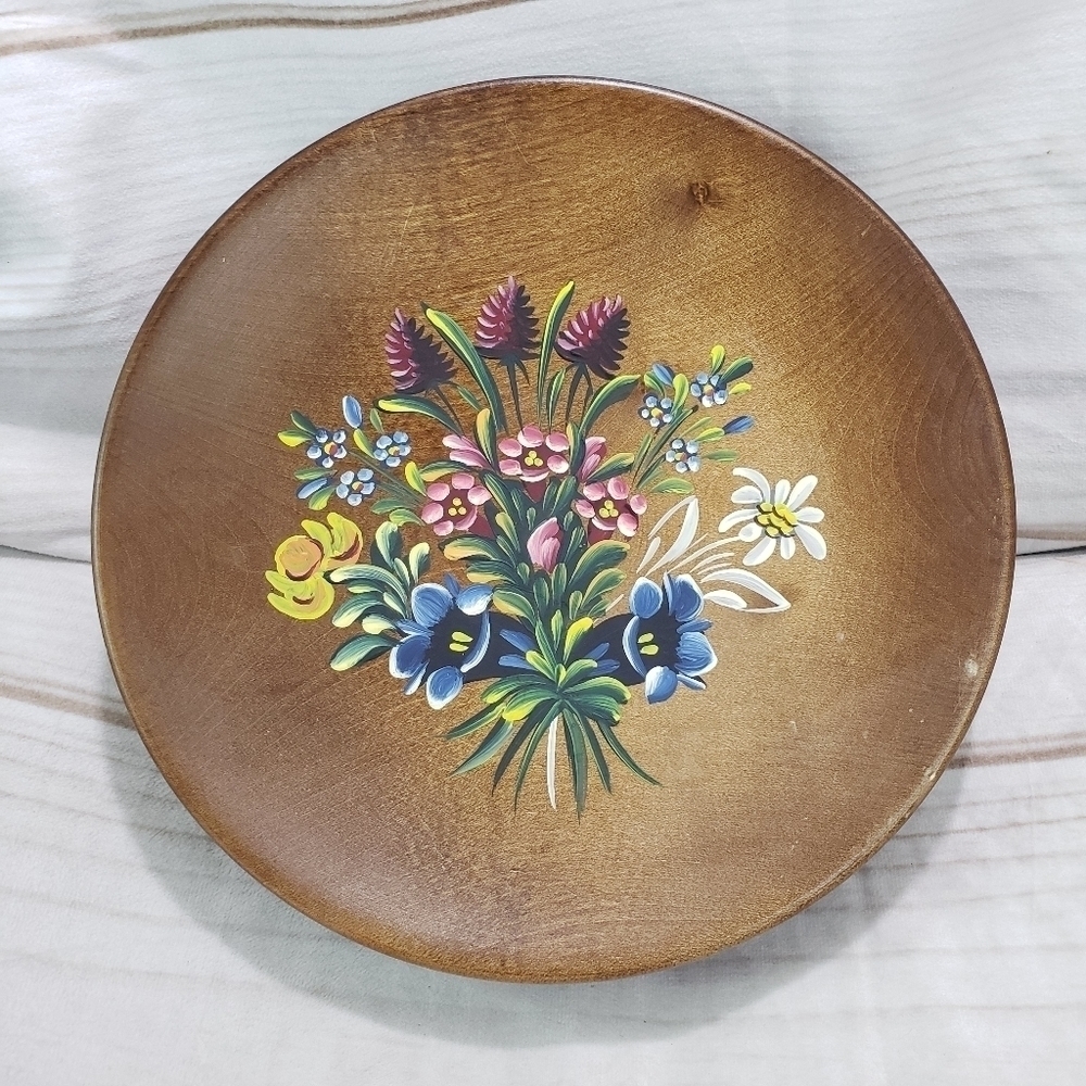 Vintage Reuge Floral Painted Wooden Musical Rotating Plate Love Story Swiss Made